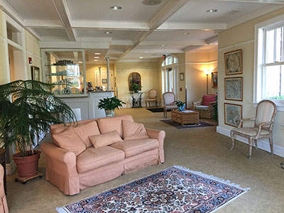 A large area with a couch, rug, armchairs, and plants